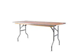 Rectangular wooden folding banquet table with metal legs for table rentals in Middlesex, NJ