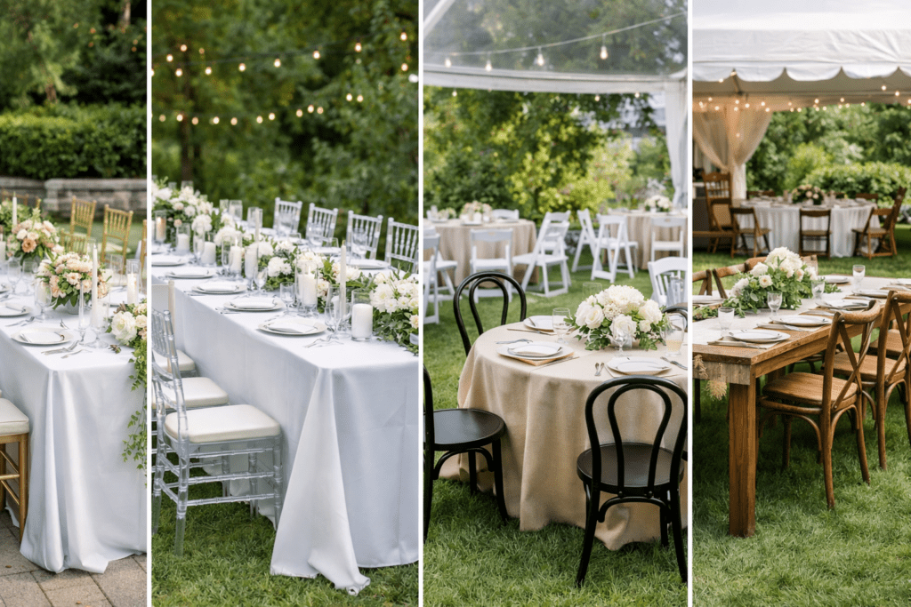 Chair rentals in Middlesex, NJ featuring gold Chiavari, clear Chiavari, bentwood, and rustic farm chairs arranged for weddings and outdoor events