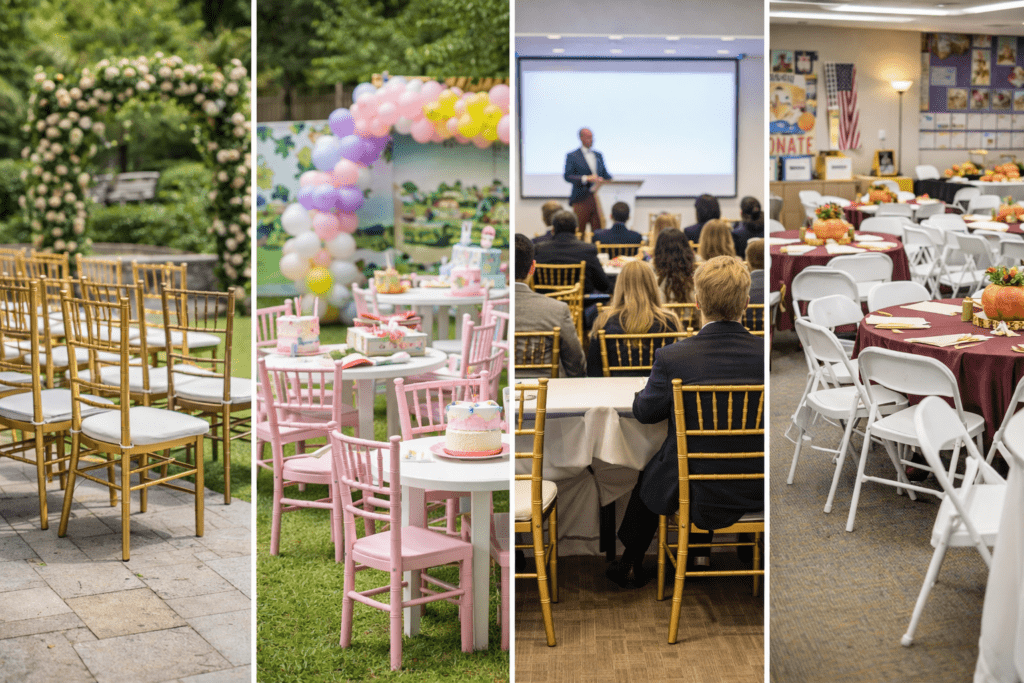 Chair rentals in Middlesex, NJ shown across weddings, children’s parties, corporate events, and community gatherings.