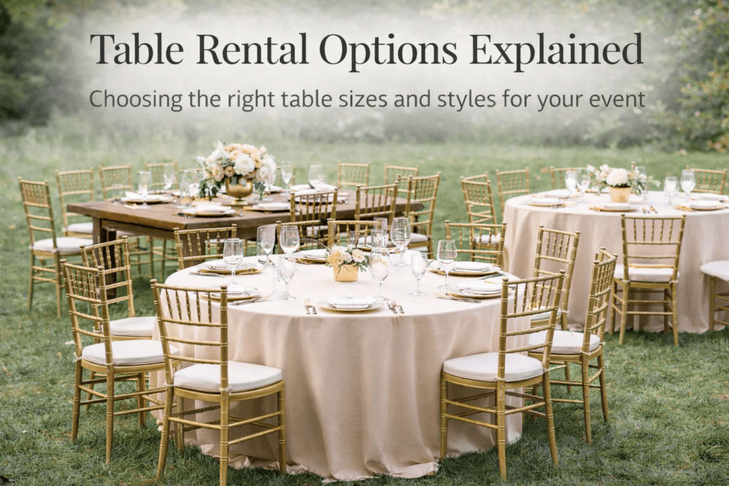 Elegant outdoor setup featuring gold Chiavari chairs and round tables, showcasing table and chair rentals in Middlesex, NJ