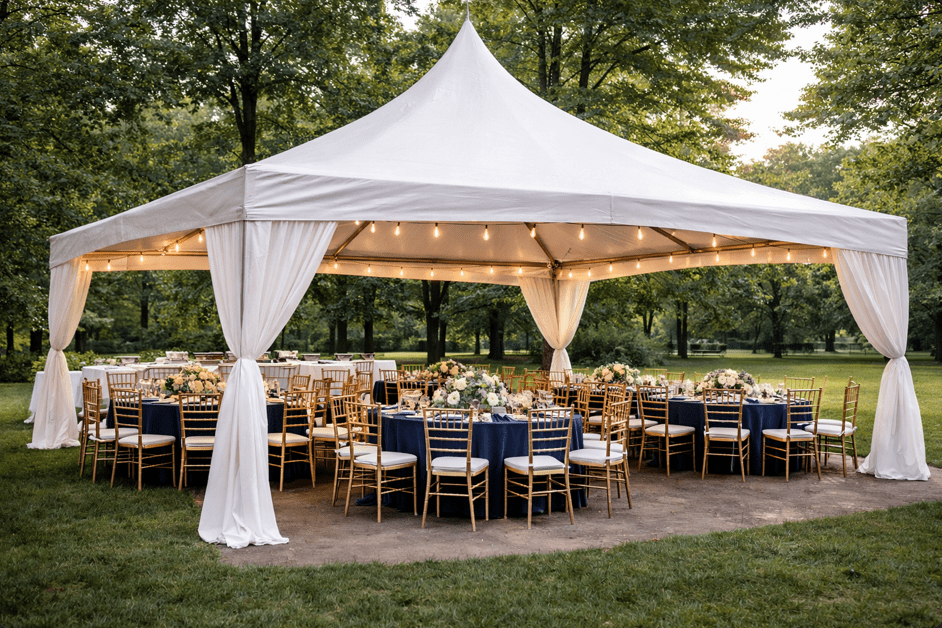 Outdoor event setup under a white high peak tent with navy table linens and gold Chiavari chairs arranged on a patio