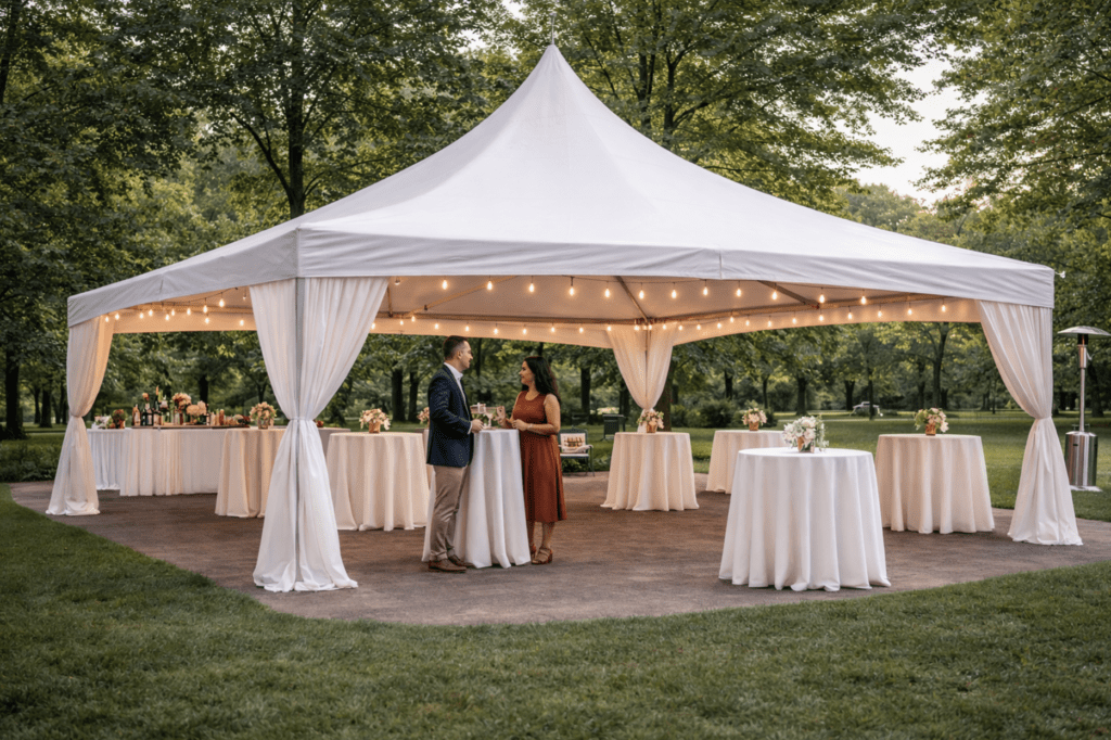 Cocktail-style outdoor event under a white high peak tent with round standing tables and soft string lighting