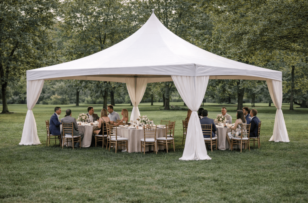 Small outdoor dinner setup under a 20x20 white high peak tent with round tables and Chiavari chairs on grass
