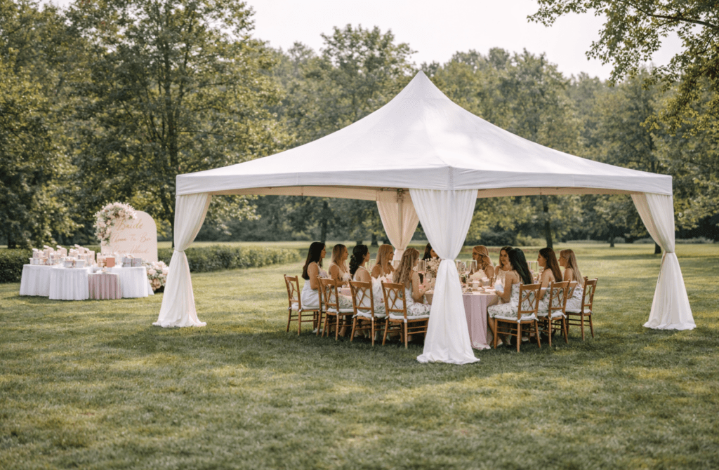 Wide-angle view of a bridal shower under a white high peak tent with round table seating and gift table on grass
